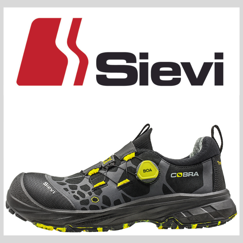 Sievi safety footwear styles include, xl wide sizes, esd and the boa lace system