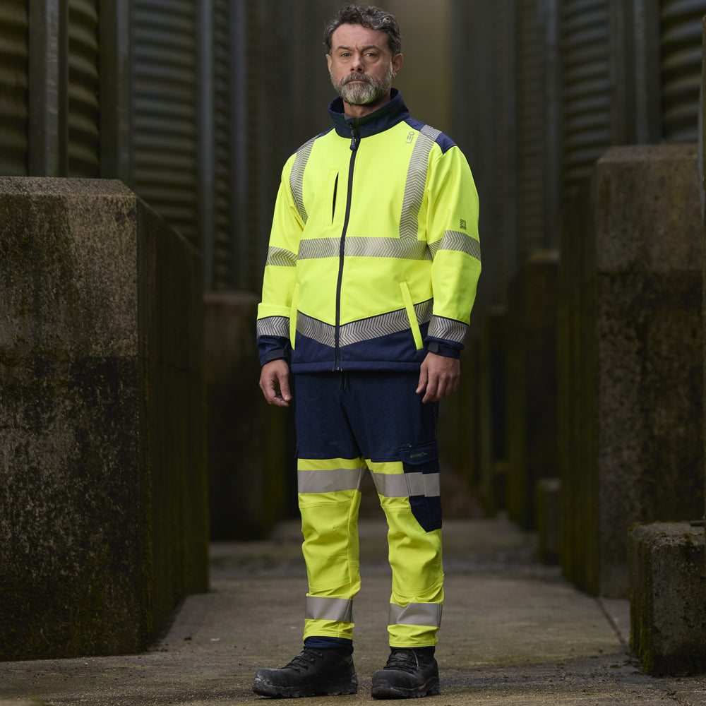 Leo BOWDEN Hi-Vis Yellow/Navy Print Softshell Jacket SJ02-Y/NP-LEO