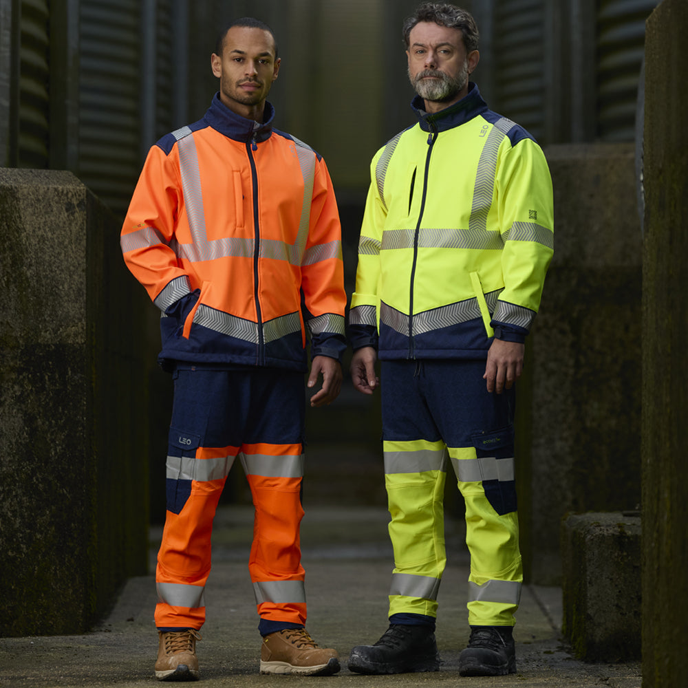 Leo BOWDEN Hi-Vis Orange/Navy Print Softshell Jacket SJ02-O/NP-LEO