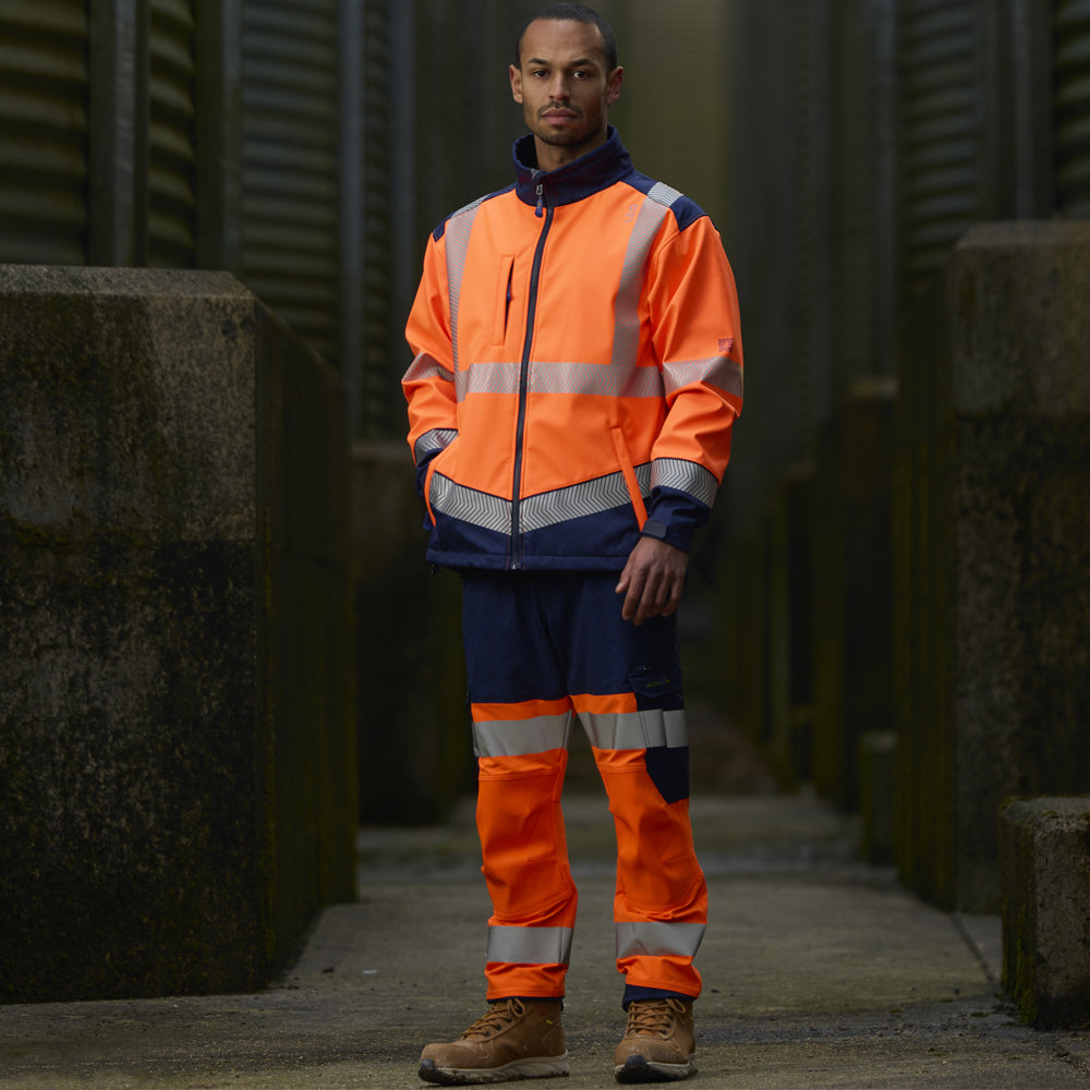 Leo BOWDEN Hi-Vis Orange/Navy Print Softshell Jacket SJ02-O/NP-LEO