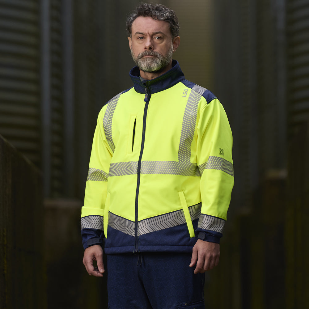 Leo BOWDEN Hi-Vis Yellow/Navy Print Softshell Jacket SJ02-Y/NP-LEO