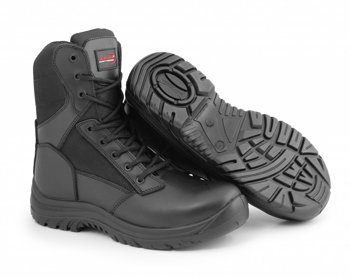 A6-WARRIOR S3 Black Leather Zip Side Safety Boots – Steel Toe, Memory Foam, SRC Slip Rated