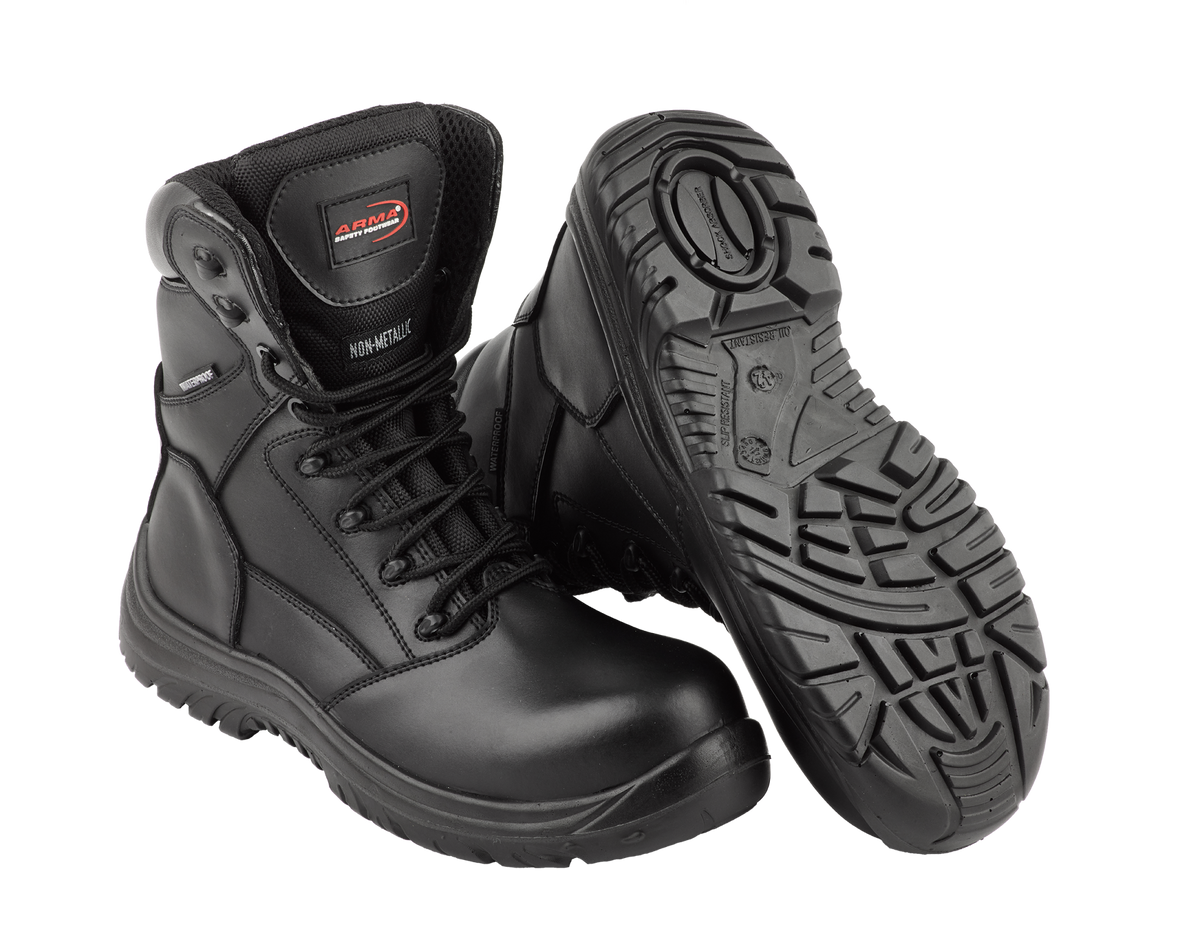 A8-SCOUT S3 Waterproof Metal-Free Safety Combat Boots – Black Leather, Memory Foam, SRC Rated
