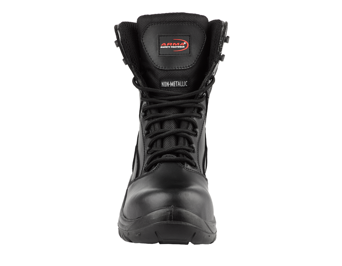 A8-SCOUT S3 Waterproof Metal-Free Safety Combat Boots – Black Leather, Memory Foam, SRC Rated
