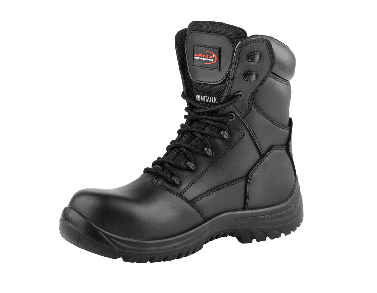 A8-SCOUT S3 Waterproof Metal-Free Safety Combat Boots – Black Leather, Memory Foam, SRC Rated