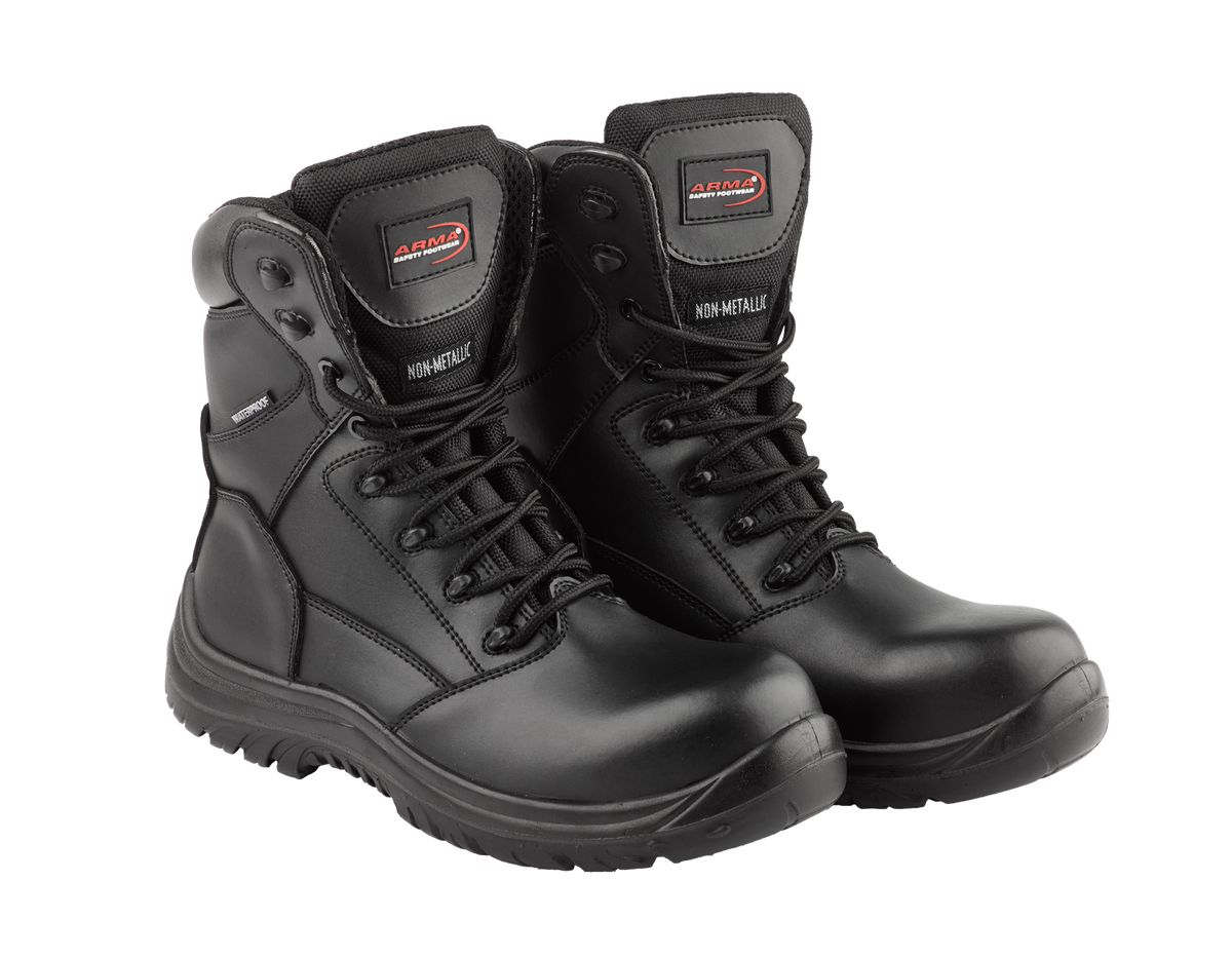A8-SCOUT S3 Waterproof Metal-Free Safety Combat Boots – Black Leather, Memory Foam, SRC Rated