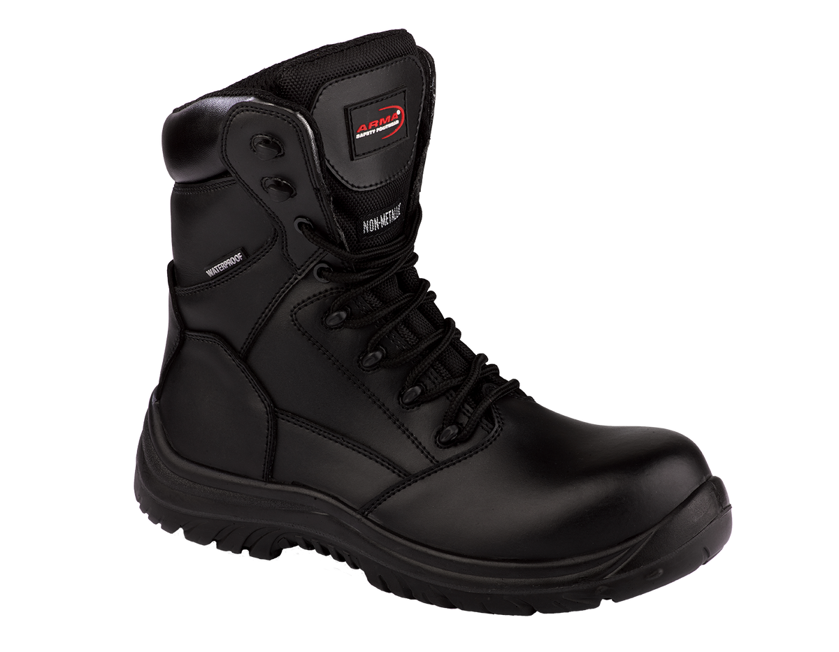 A8-SCOUT S3 Waterproof Metal-Free Safety Combat Boots – Black Leather, Memory Foam, SRC Rated