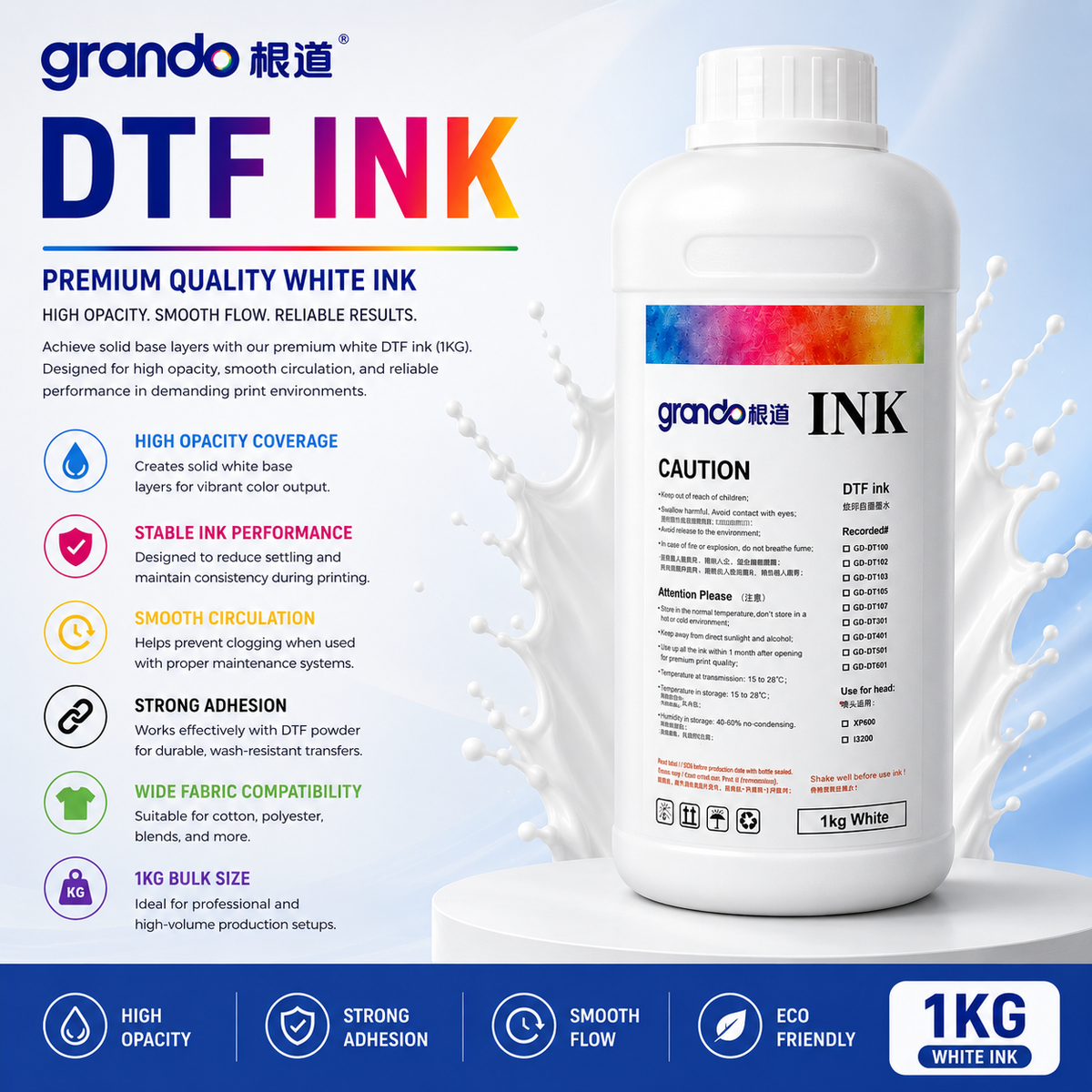 Bottle of grando DTF ink with product features and benefits on a blue background