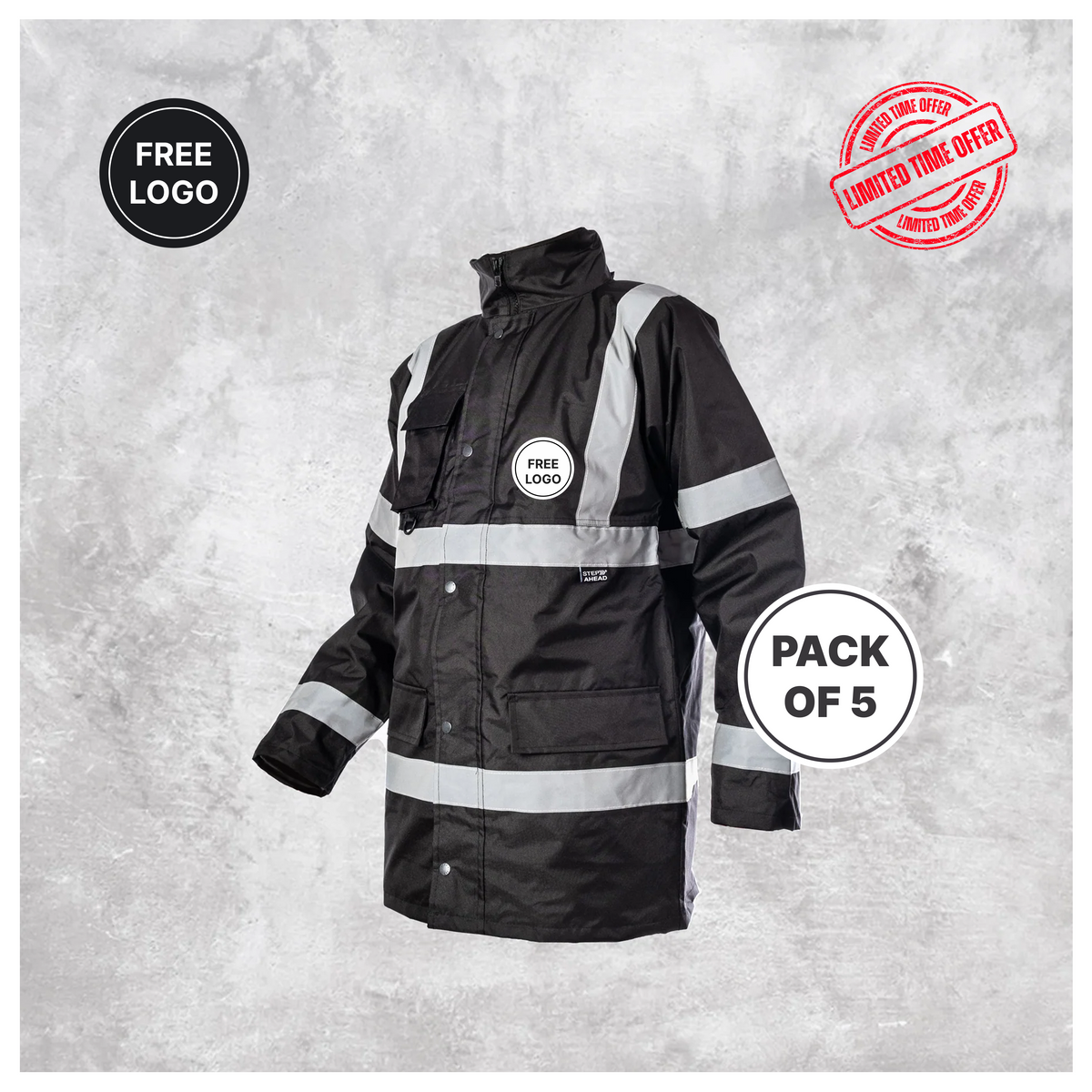 5 X Custom Print Hi Vis Waterproof Parka Jacket - Black