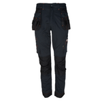 Dark blue work pants with multiple pockets on a white background