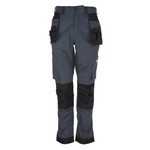 Gray work pants with black knee pads and tool pockets on a white background