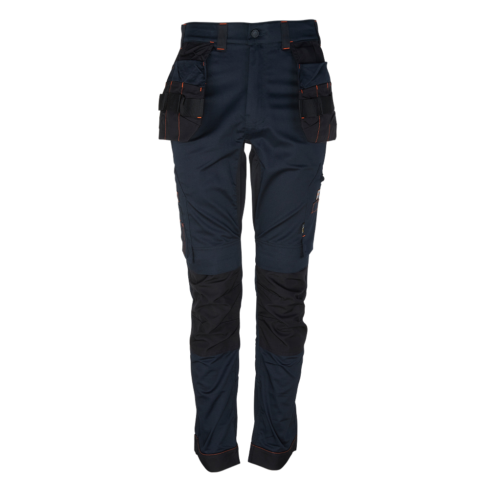 Navy blue work pants with multiple pockets on a white background