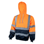 Orange and navy reflective hoodie on a white background