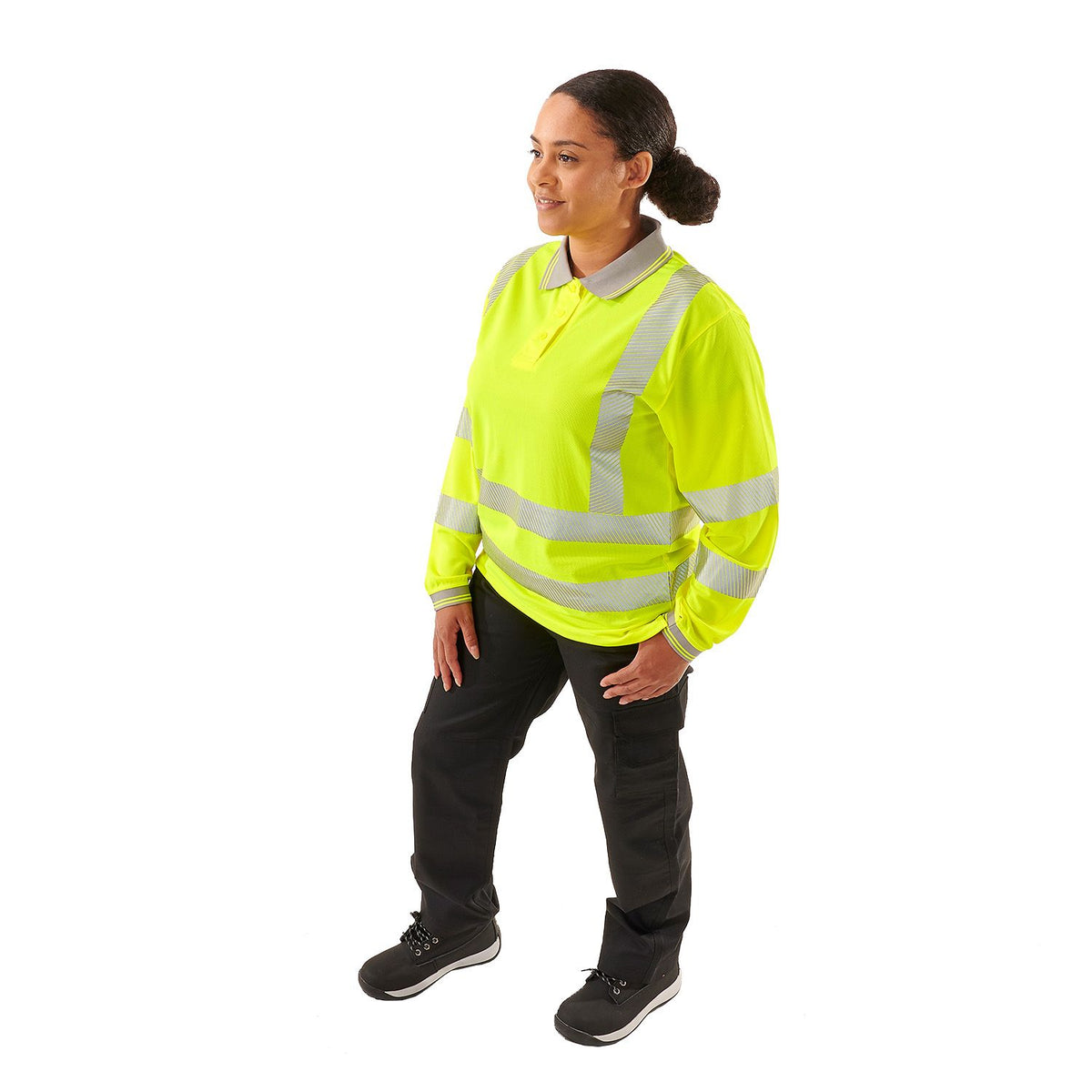 Jaya Hi-Vis Women’s Long Sleeve Bird Eye Polo – EN ISO 20471 High Visibility Workwear