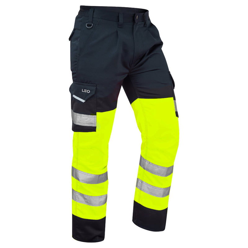 Leo BIDEFORD Hi-Vis Yellow/Navy Cargo Work Trousers Class 1 CT01-Y/NV-LEO