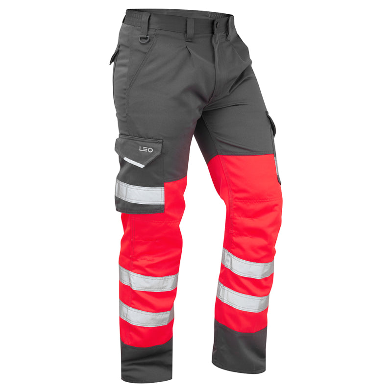 Leo BIDEFORD Hi-Vis Red/Grey Cargo Work Trousers Class 1 CT01-R/GY-LEO