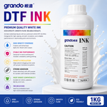 Bottle of grando DTF ink with product features and benefits on a blue background