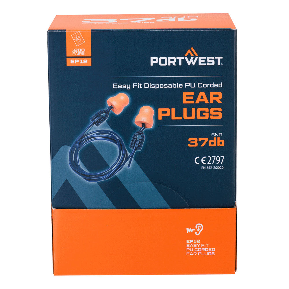 Corded PU Ear Plugs - EP12 SNR 37dB 200 Pair Pack