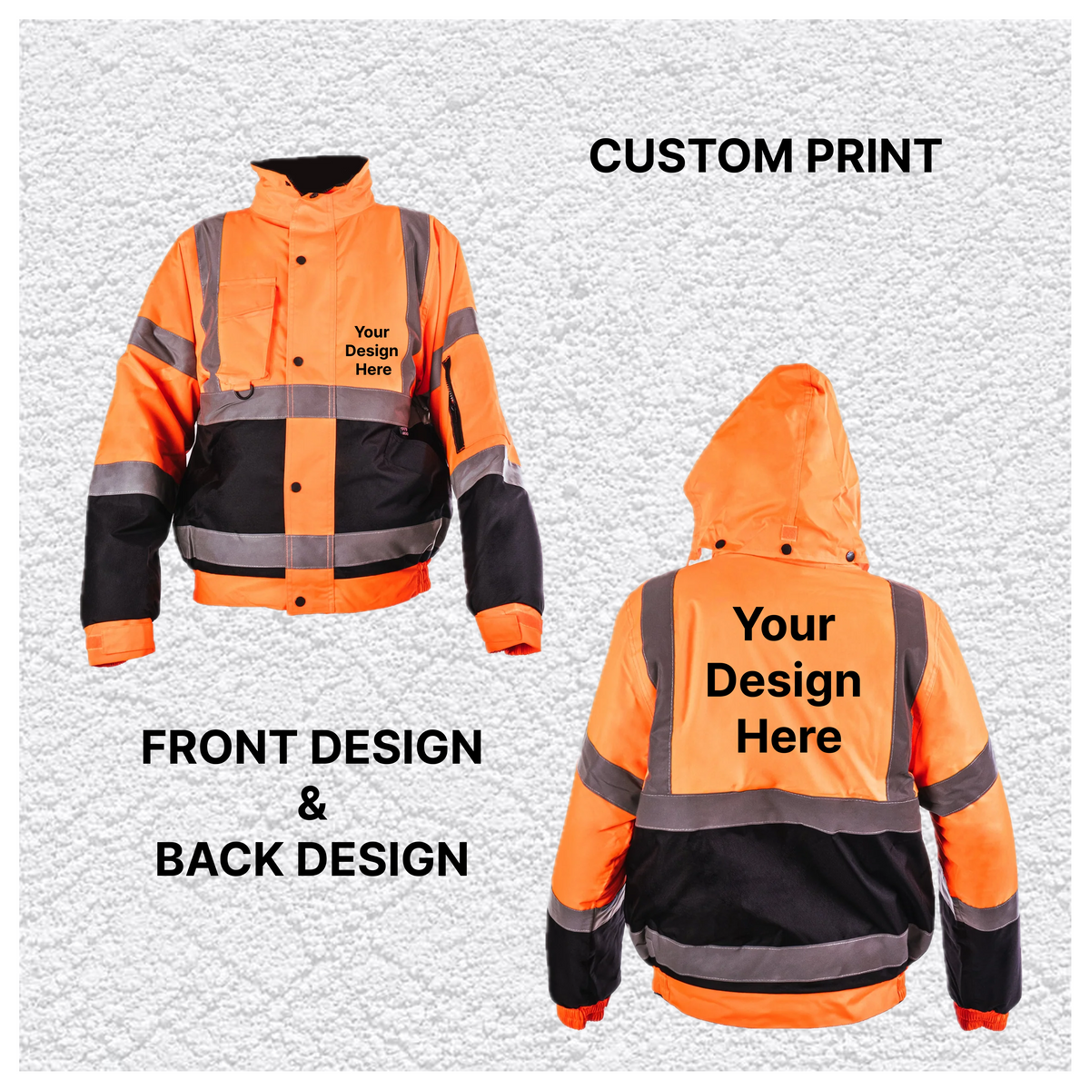 Custom Print Hi-Vis Waterproof Bomber Jacket - Orange/Navy