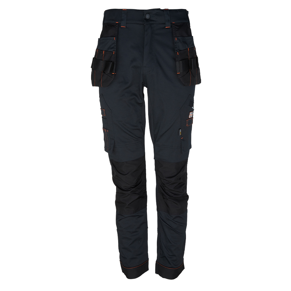 Dark blue work pants with multiple pockets on a white background