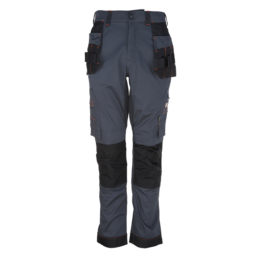 Gray work pants with black knee pads and tool pockets on a white background
