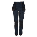 Navy blue work pants with multiple pockets on a white background