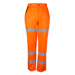 Orange safety pants with reflective stripes on a white background