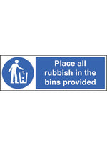 Place All Rubbish in Bins Safety Sign