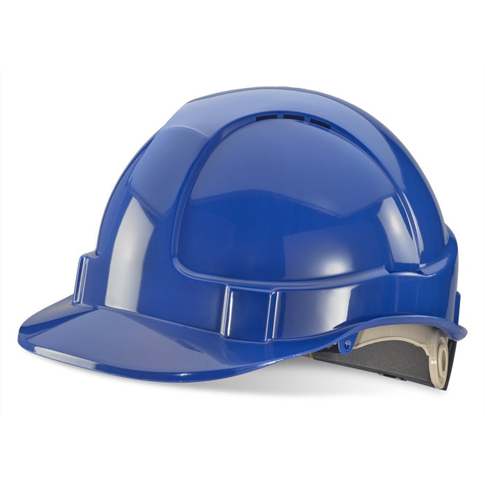 blue safety hard hat with wheel ratchet