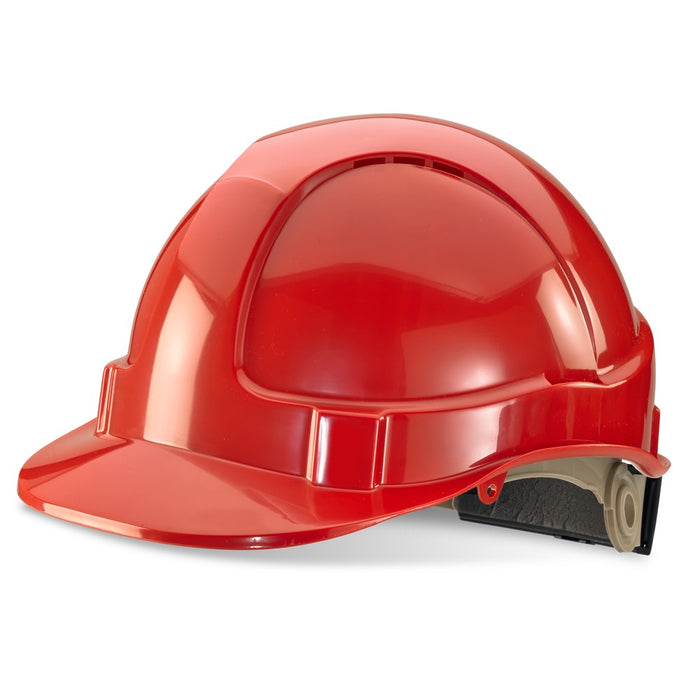 red safety hard hat with wheel ratchet