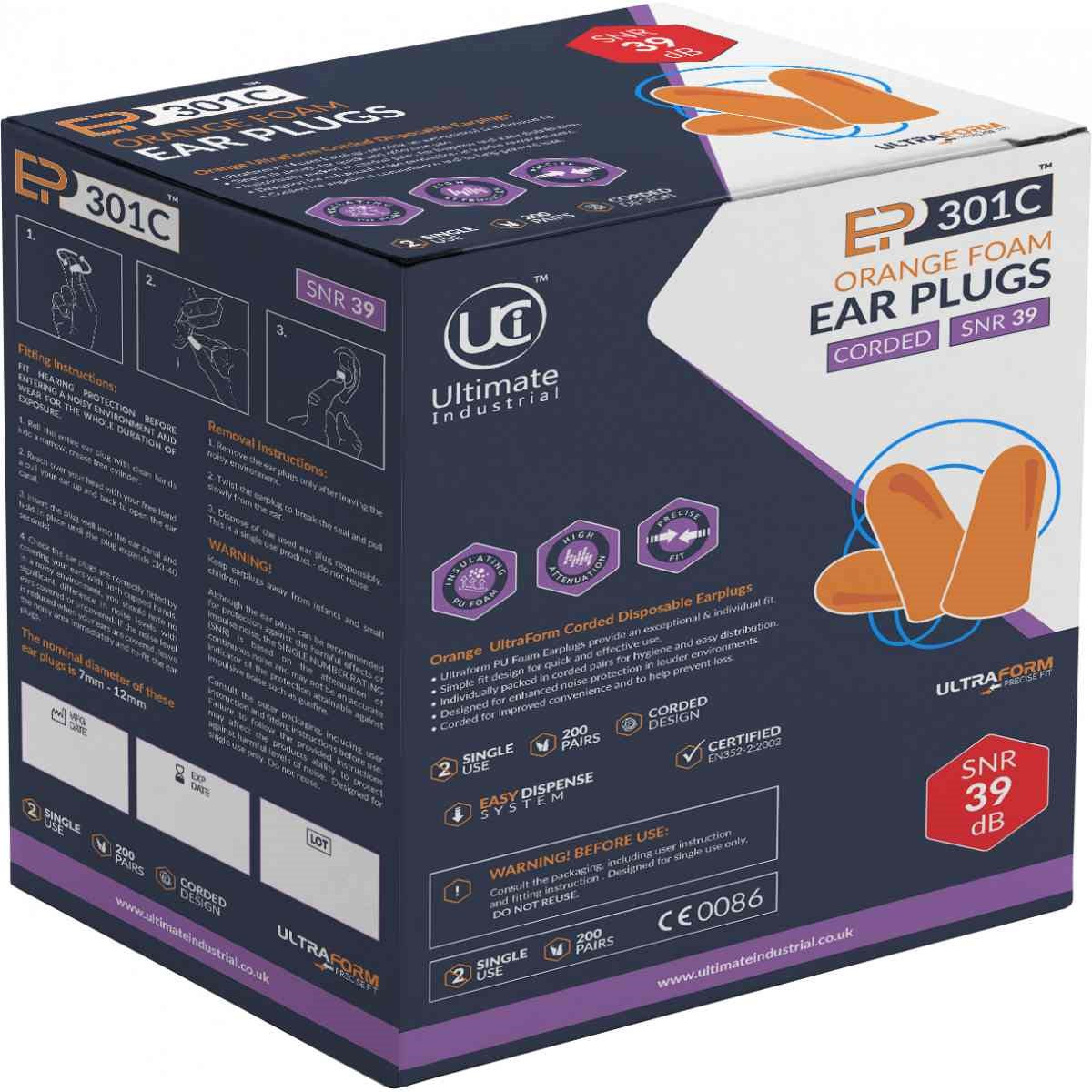 EP301C Orange Soft Ear Plugs - Corded